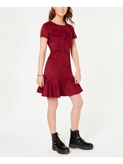 Rosie Harlow Womens Burgundy Faux Suede Short Sleeve Jewel Neck Short Sheath Dress XXS