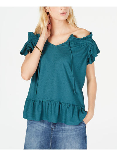 MICHAEL MICHAEL KORS Womens Teal Ruffled Short Sleeve Off Shoulder Peasant Top XS