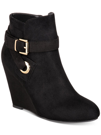 REBEL BY ZIGI Womens Black Buckle Accent Strappy Keylie Round Toe Wedge Zip-Up Shootie 9.5