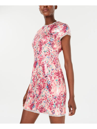 RACHEL ZOE Womens Pink Printed Short Sleeve Crew Neck Mini Party Shift Dress 0