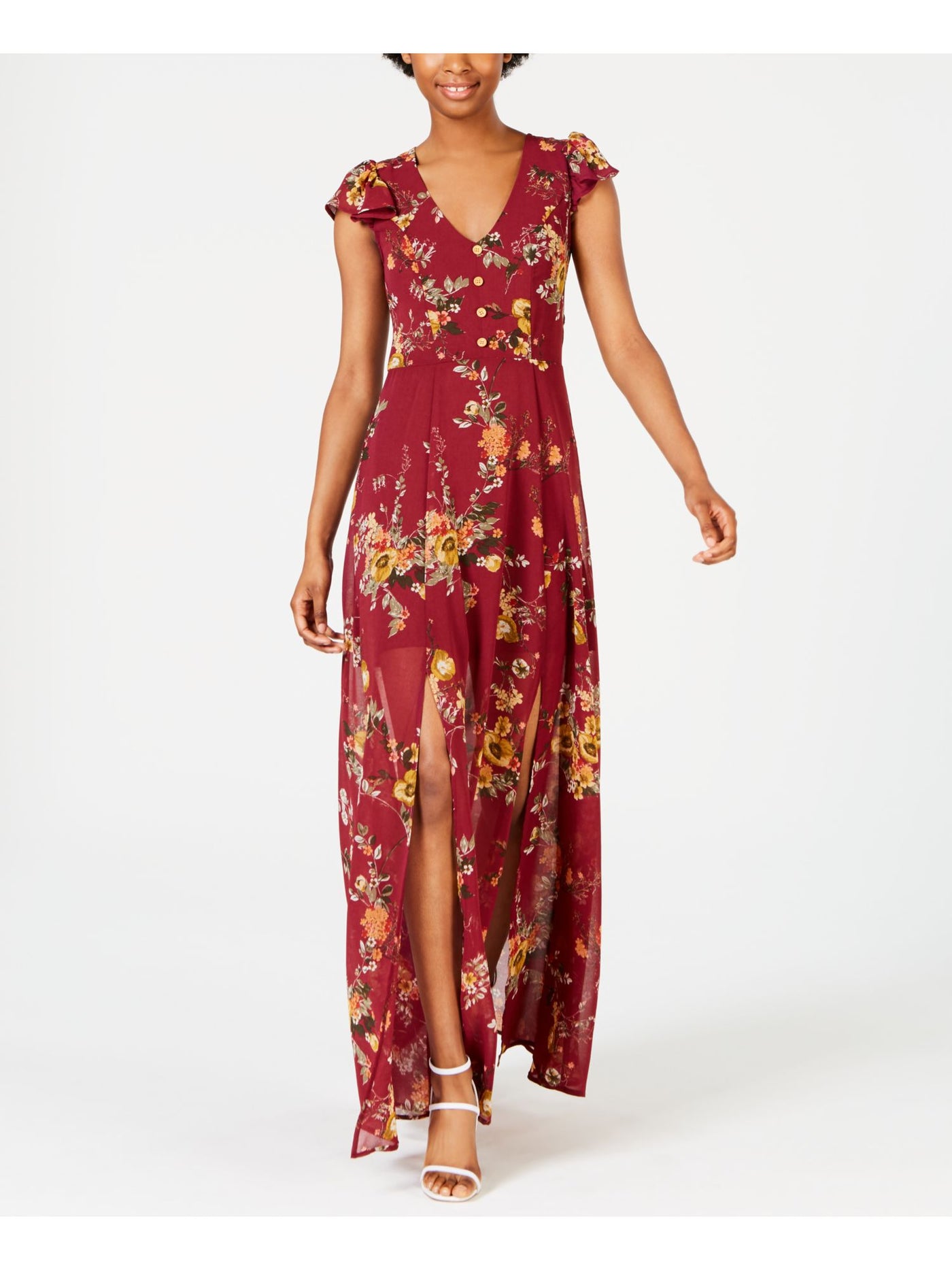 CRYSTAL DOLLS Womens Burgundy Slitted Sheer Sheer Floral Short Sleeve V Neck Full-Length Evening Fit + Flare Dress 1