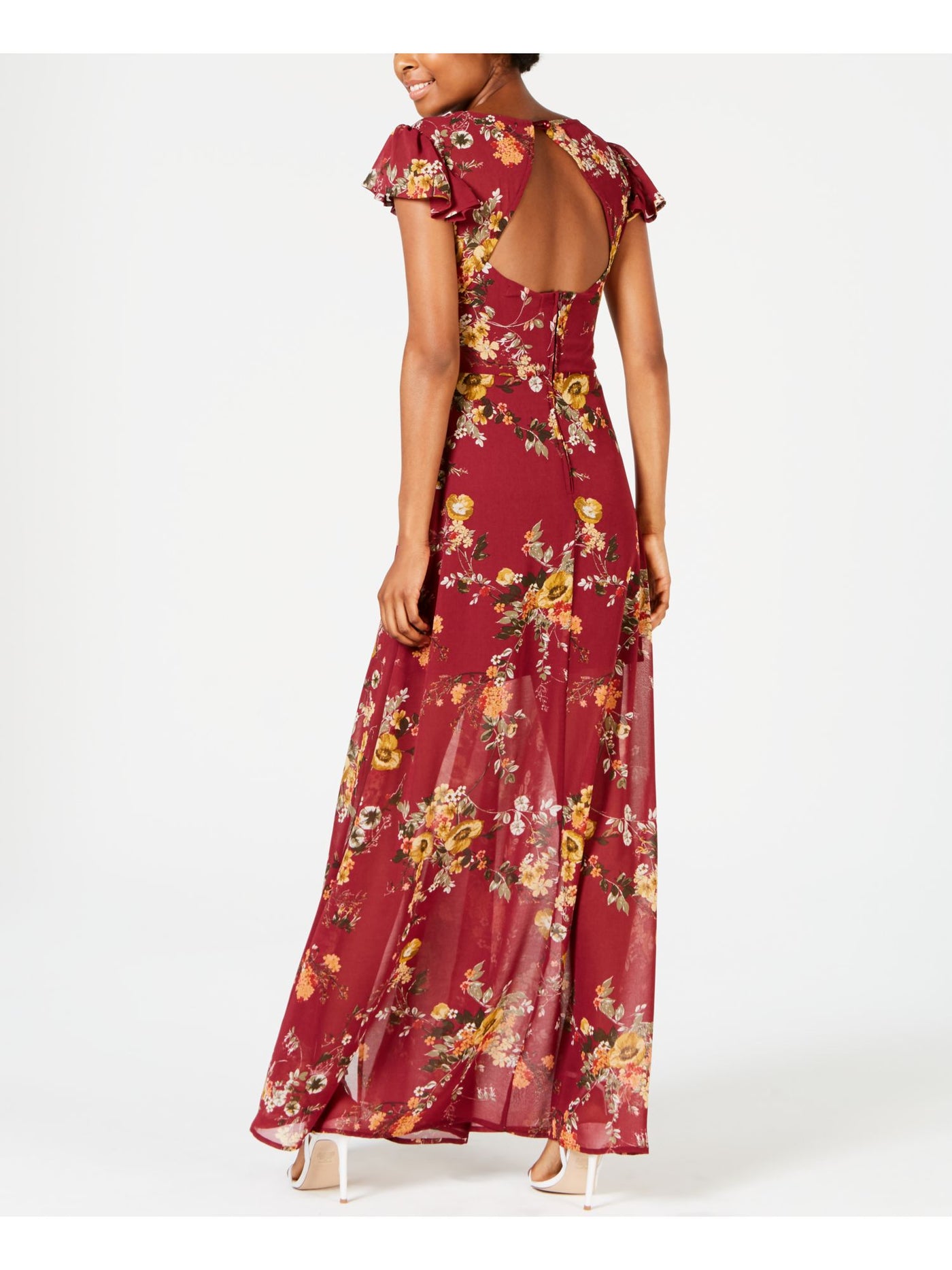 CRYSTAL DOLLS Womens Maroon Slitted Sheer Floral Short Sleeve V Neck Full-Length Evening Fit + Flare Dress 0