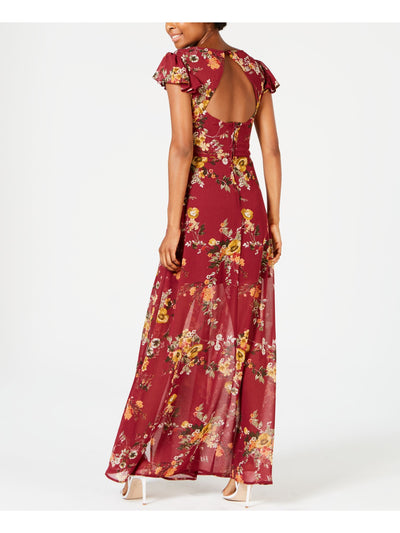 CRYSTAL DOLLS Womens Maroon Slitted Sheer Floral Short Sleeve V Neck Full-Length Evening Fit + Flare Dress 0