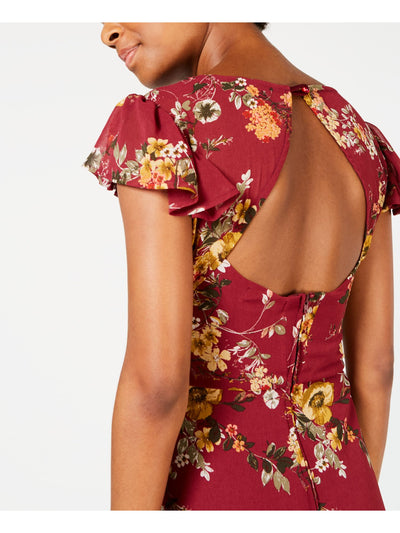 CRYSTAL DOLLS Womens Maroon Slitted Sheer Floral Short Sleeve V Neck Full-Length Evening Fit + Flare Dress 0