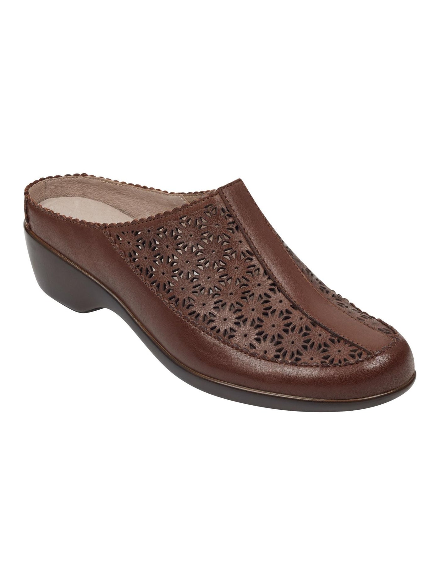 EASY SPIRIT Womens Brown Perforated Clog Scalloped Arch Support Cushioned Dusk Round Toe Wedge Slip On Leather Heeled Mules Shoes 7.5 M