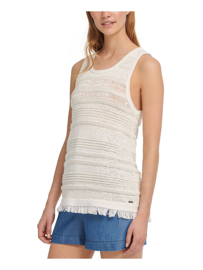 DKNY Womens Fringed Sleeveless Scoop Neck Sweater