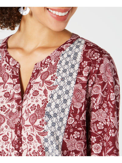 STYLE & COMPANY Womens Red Floral Long Sleeve V Neck Top XS