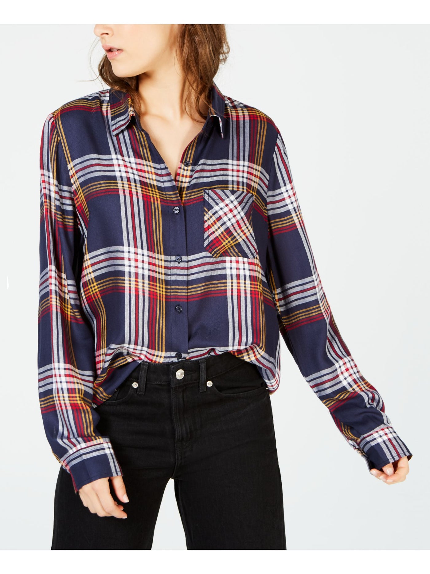 ULTRA FLIRT Womens Navy Pocketed Plaid Long Sleeve Collared Button Up Top Juniors M