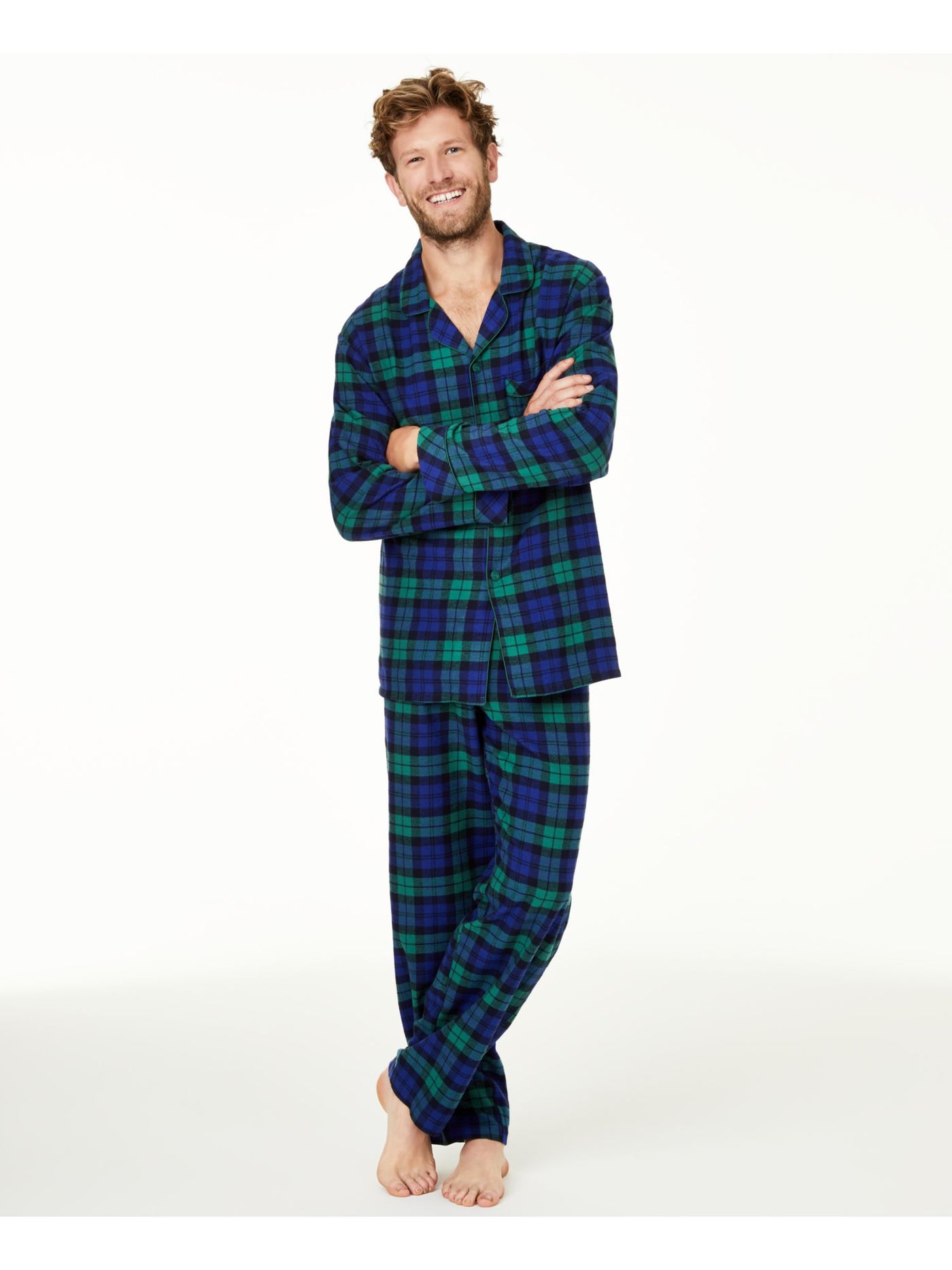 FAMILY PJs Mens Green Plaid Elastic Band Long Sleeve Button Up Top Straight leg Pants Flannel Pajamas S