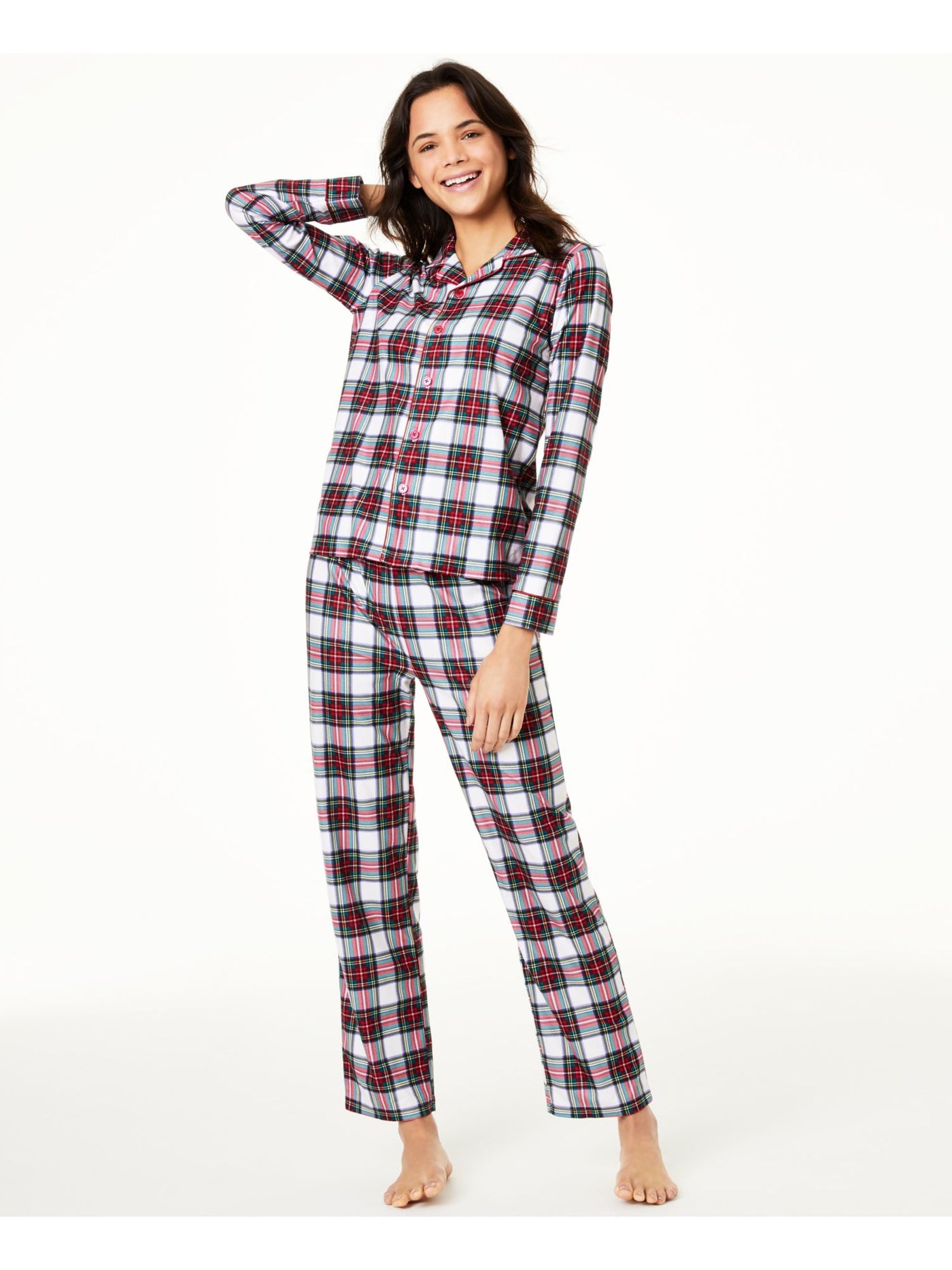 FAMILY PJs Womens White Plaid Elastic Band Long Sleeve Button Up Top Straight leg Pants Knit Pajamas XS