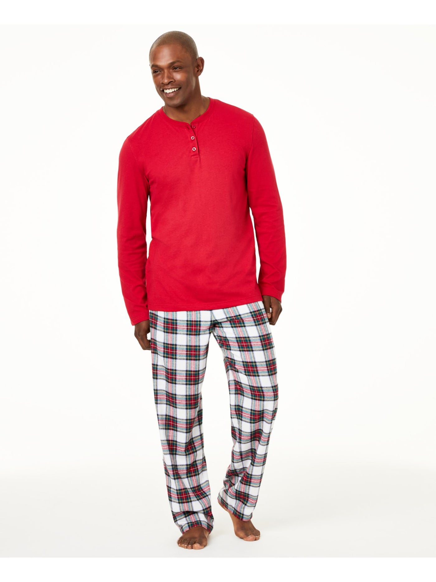 FAMILY PJs Mens Red Drawstring Long Sleeve T-Shirt Top Straight leg Pants Flannel Pajamas M