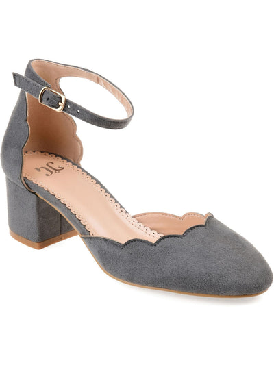 JOURNEE COLLECTION Womens Gray Scalloped Ankle Strap Edna Round Toe Block Heel Buckle Pumps 5.5