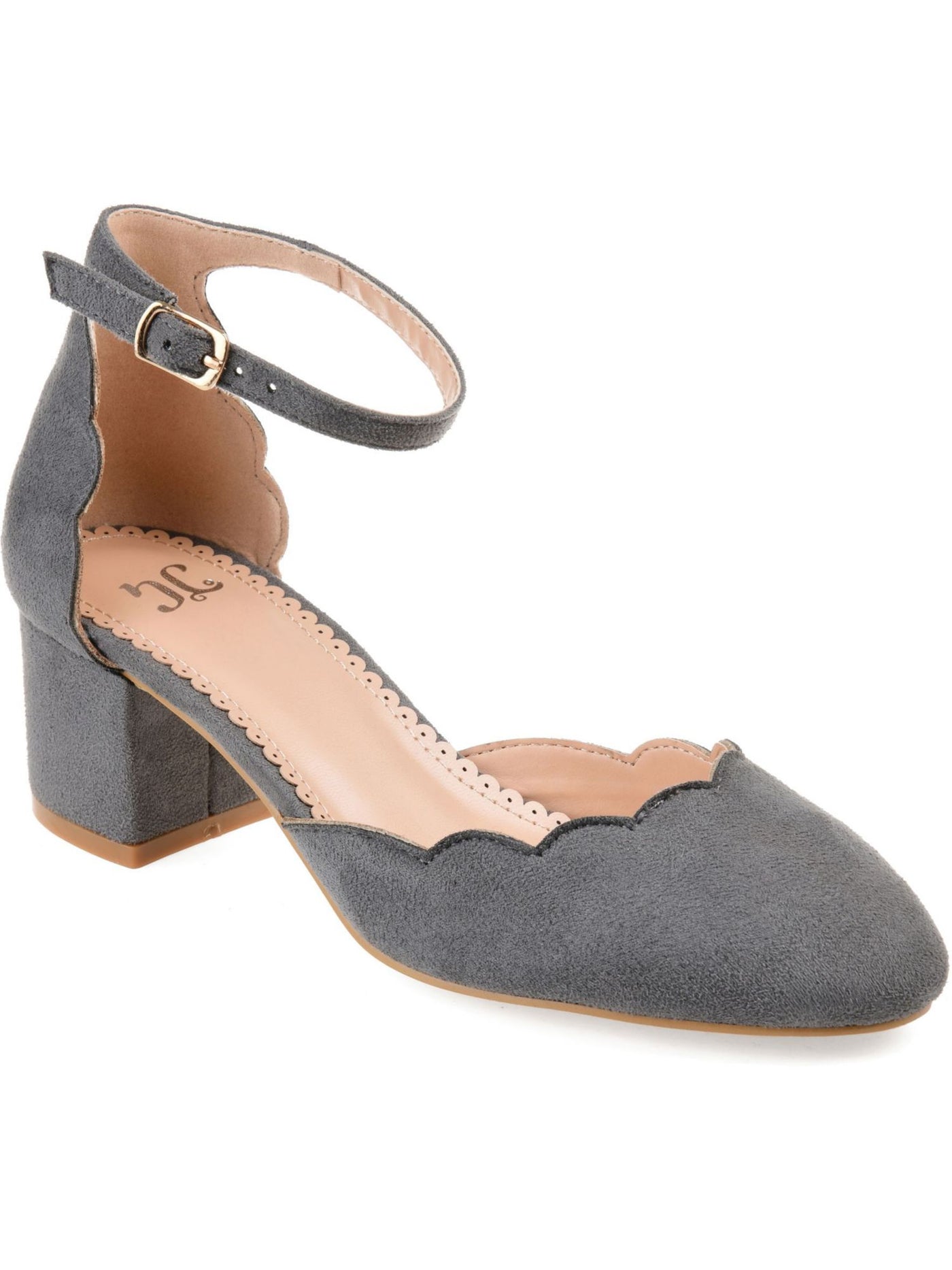 JOURNEE COLLECTION Womens Gray Scalloped Ankle Strap Edna Round Toe Block Heel Buckle Pumps Shoes 8