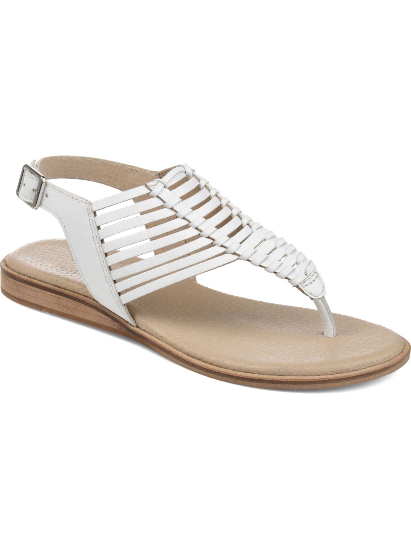 JOURNEE SIGNATURE Womens White Wedge Fishbone Detail Traction Sole Cushioned Adjustable Strap Davis Round Toe Wedge Buckle Leather Thong Sandals Shoes 6.5