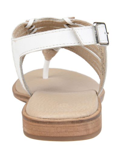 JOURNEE SIGNATURE Womens White Wedge Fishbone Detail Traction Sole Cushioned Adjustable Strap Davis Round Toe Wedge Buckle Leather Thong Sandals Shoes 6.5