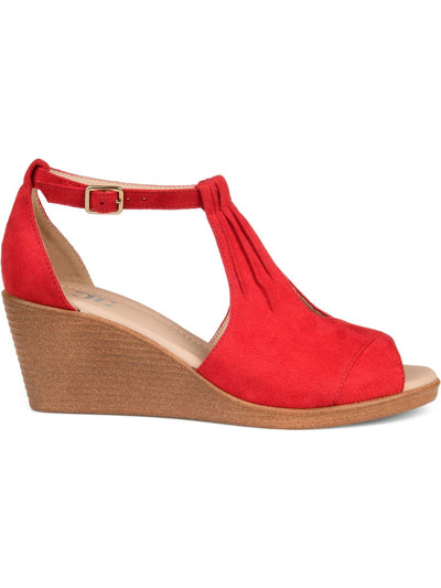 JOURNEE COLLECTION Womens Red Keyhole Cut Out Ruched Detail Padded Adjustable Strap Kedzie Peep Toe Stacked Heel Buckle Heels Shoes 7 M