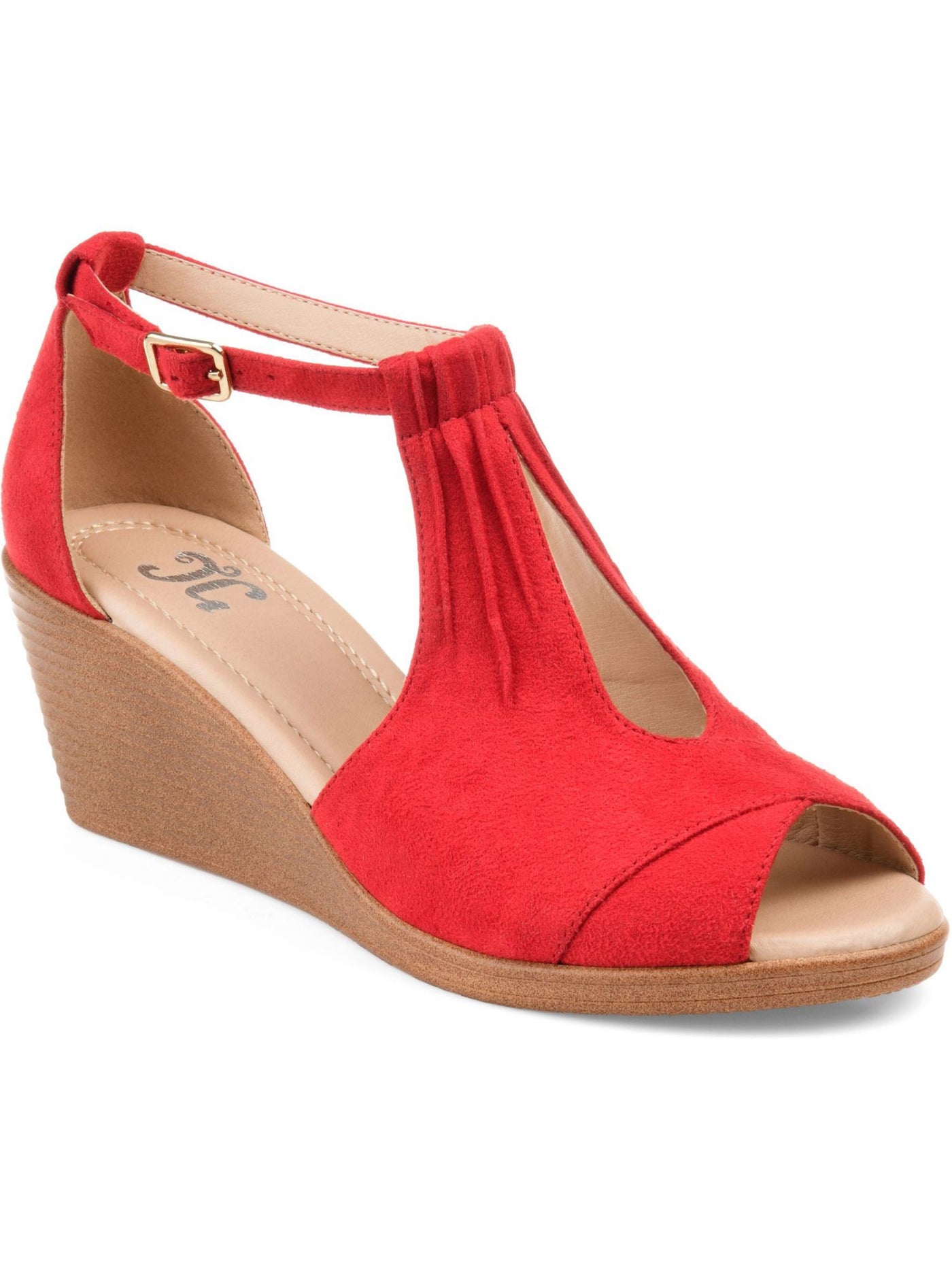 JOURNEE COLLECTION Womens Red Keyhole Cut Out Ruched Detail Padded Adjustable Strap Kedzie Peep Toe Stacked Heel Buckle Heels Shoes 7 M
