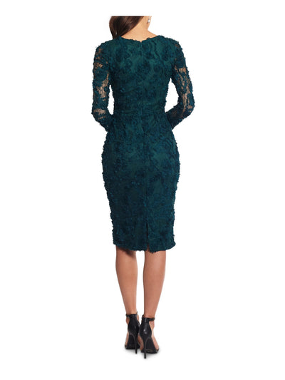 XSCAPE Womens Green Embellished Zippered Lined Slitted Long Sleeve Round Neck Below The Knee Party Sheath Dress 4