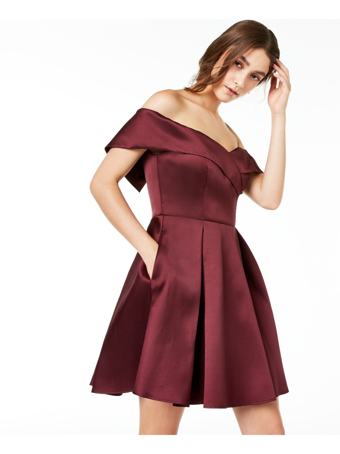 B DARLIN Womens Burgundy Short Sleeve Off Shoulder Mini Party Fit + Flare Dress 1\2