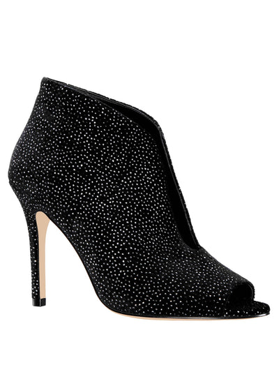 NINA Womens Black V-Cut Vamp Glitter Comfort Merima Peep Toe Stiletto Zip-Up Dress Booties M