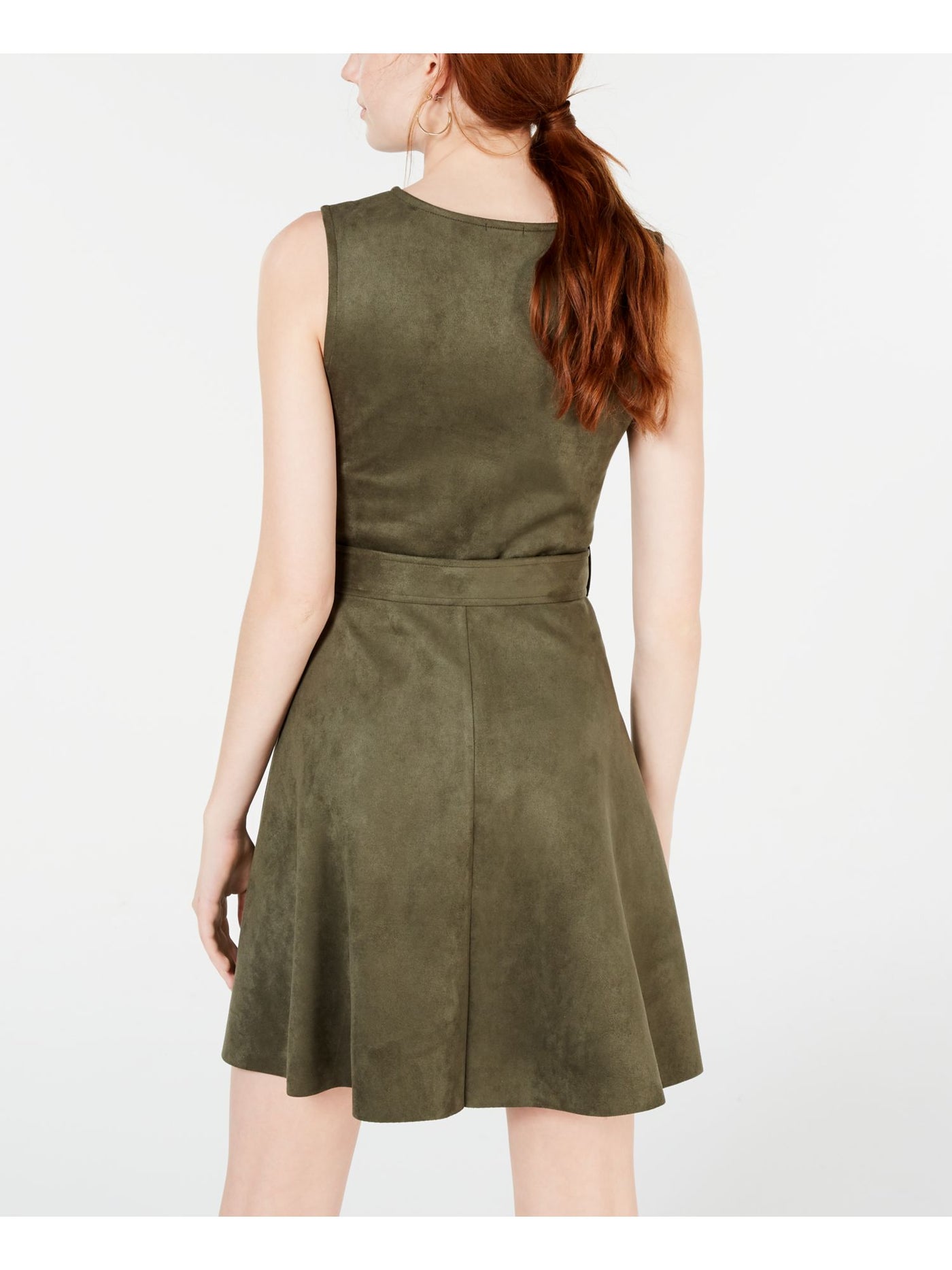 Rosie Harlow Womens Green Faux Suede Belted Sleeveless V Neck Short Fit + Flare Dress XS