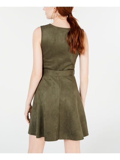 Rosie Harlow Womens Green Faux Suede Belted Sleeveless V Neck Short Fit + Flare Dress XS
