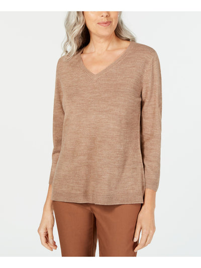 KAREN SCOTT Womens Brown Heather Long Sleeve V Neck T-Shirt Petites PP