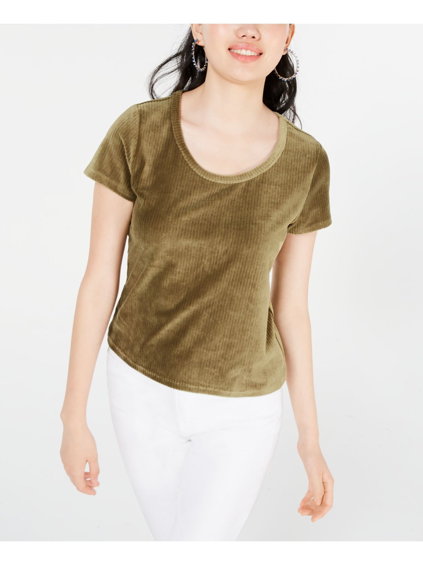 CRAVE FAME Womens Green Corduroy Short Sleeve Scoop Neck Top M
