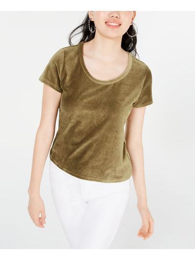 CRAVE FAME Womens Green Corduroy Unlined Short Sleeve Scoop Neck Top L