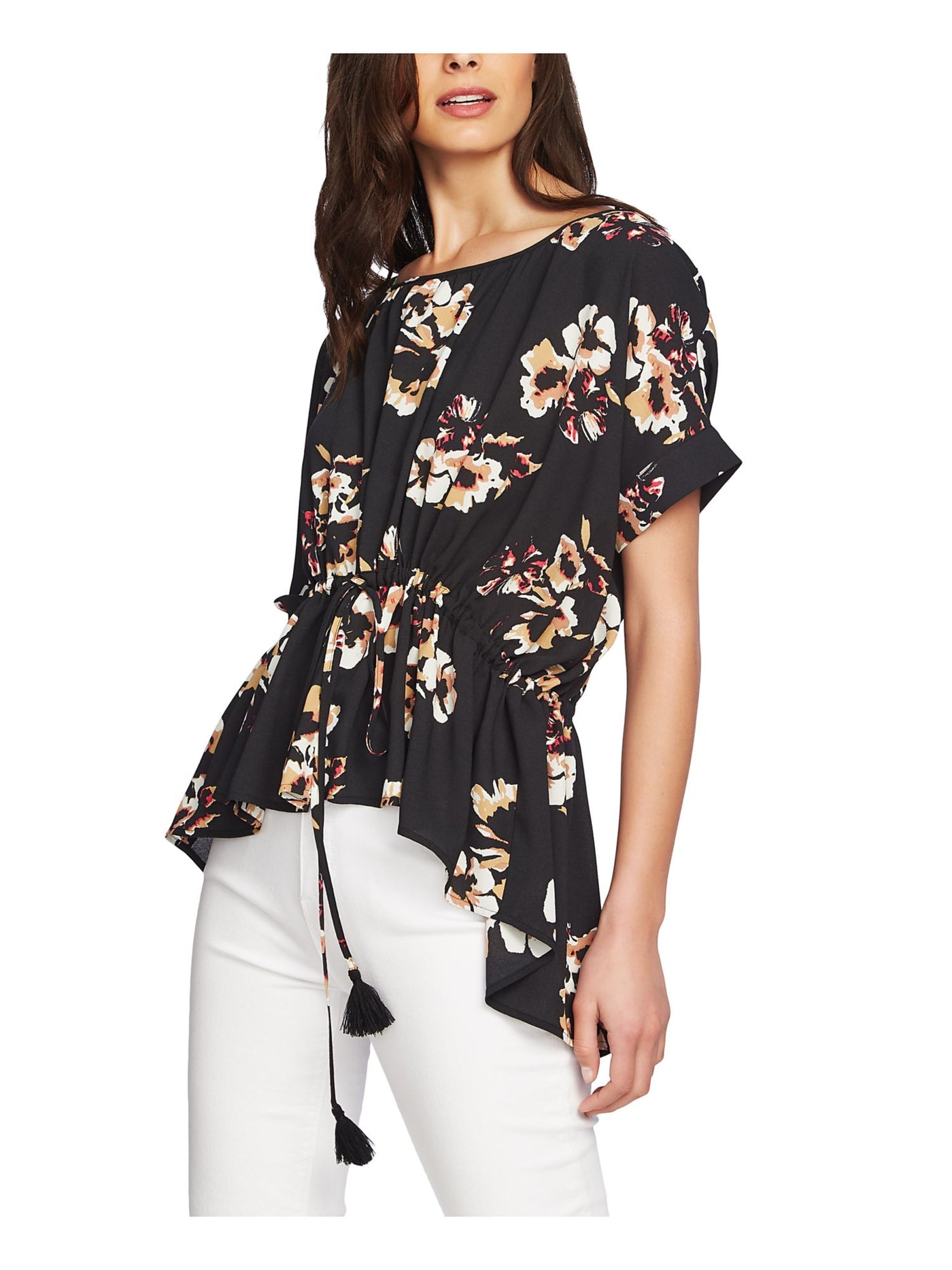 1. STATE Womens Black Ruffled Floral Short Sleeve Peplum Top XXS
