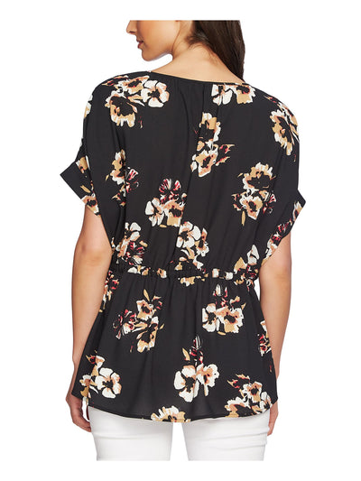 1. STATE Womens Black Ruffled Floral Short Sleeve Peplum Top XXS