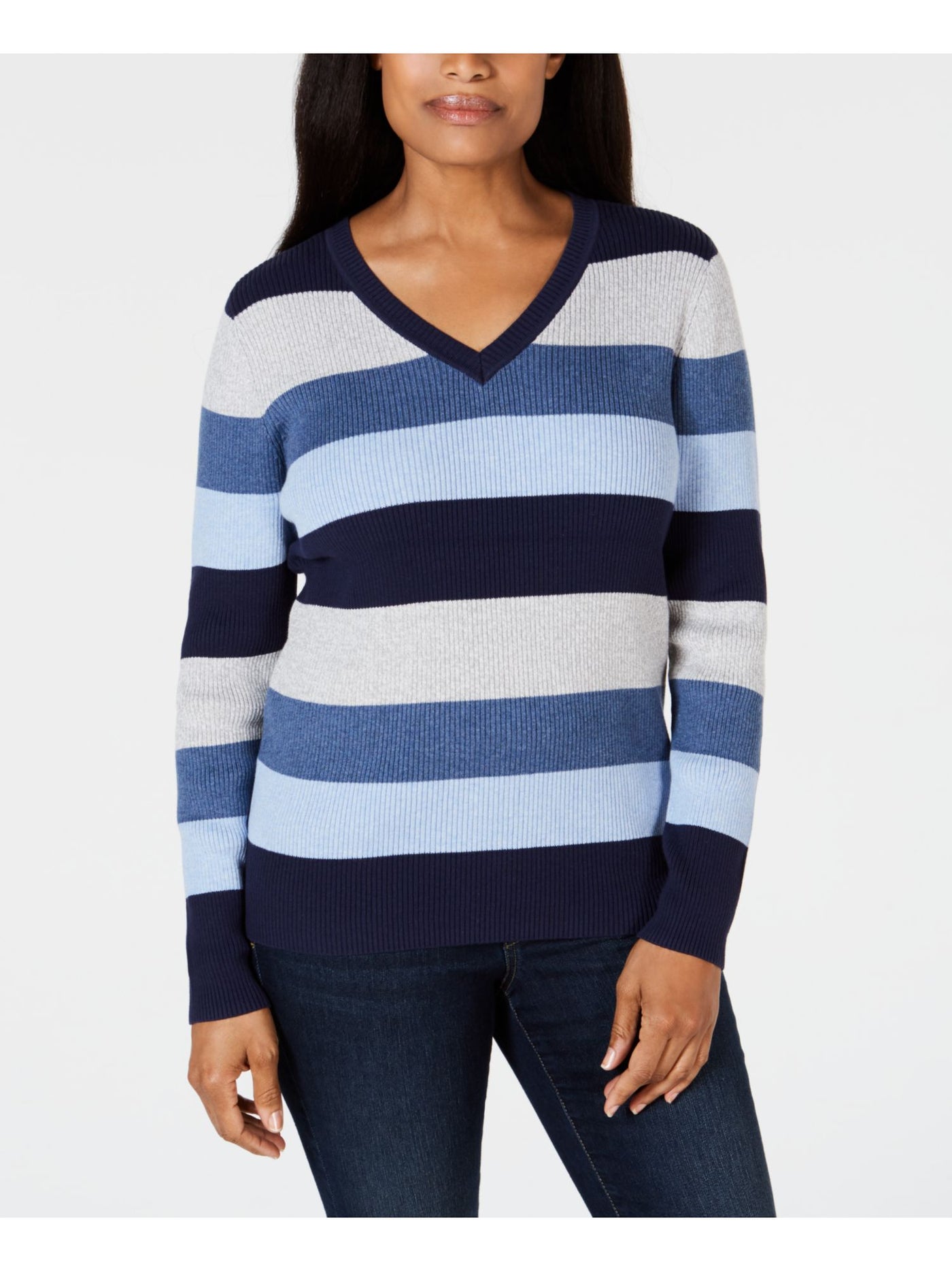 KAREN SCOTT Womens Blue Color Block Long Sleeve V Neck Sweater S