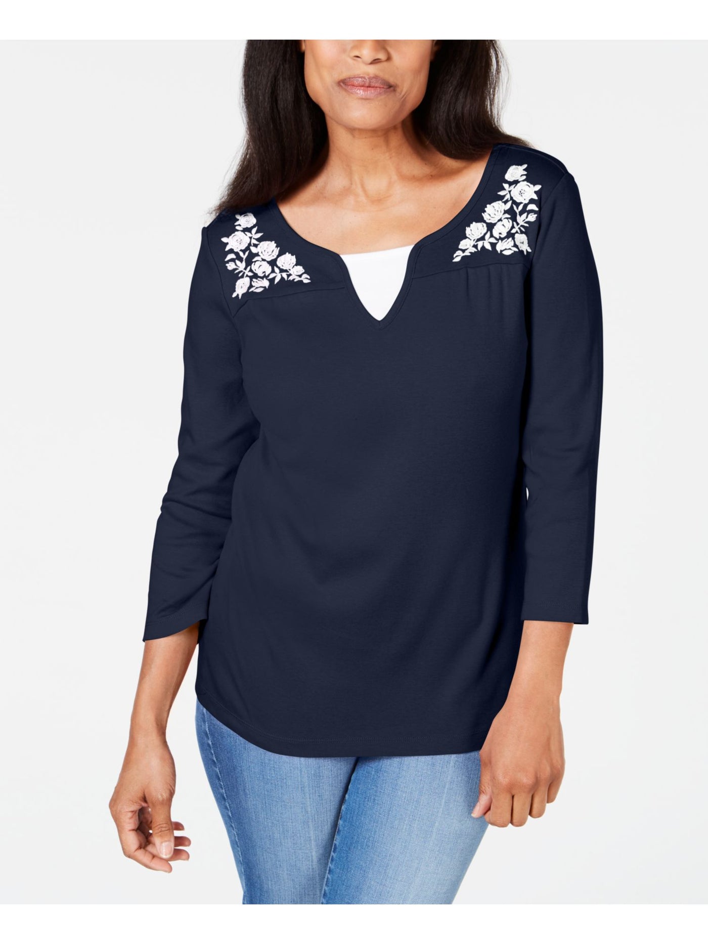 KAREN SCOTT Womens Navy Printed 3/4 Sleeve T-Shirt Petites Size: PP