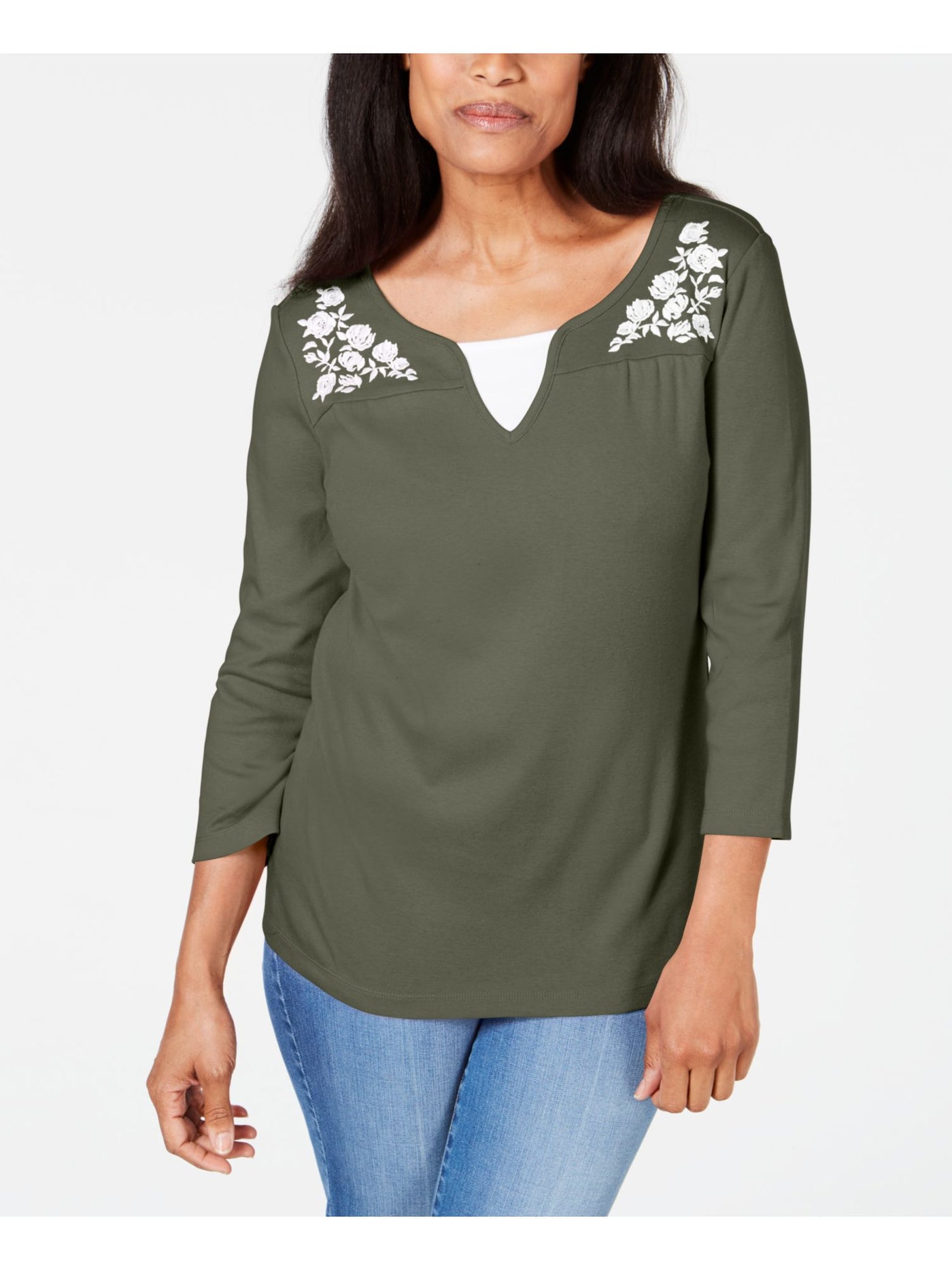 KAREN SCOTT Womens Green Printed 3/4 Sleeve Jewel Neck Evening T-Shirt Petites PP