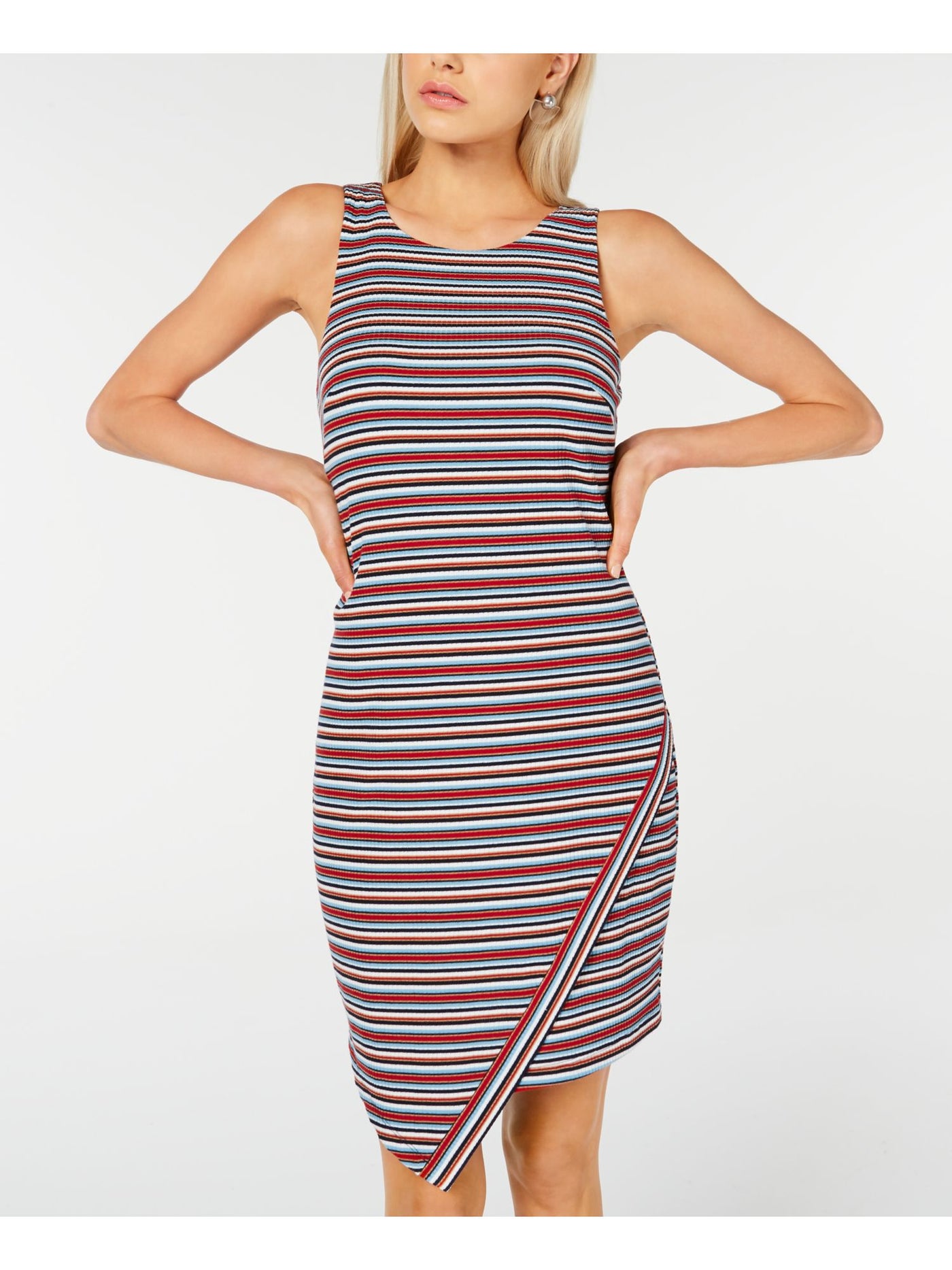 BCX Womens Red Striped Sleeveless Jewel Neck Above The Knee Body Con Dress XXS