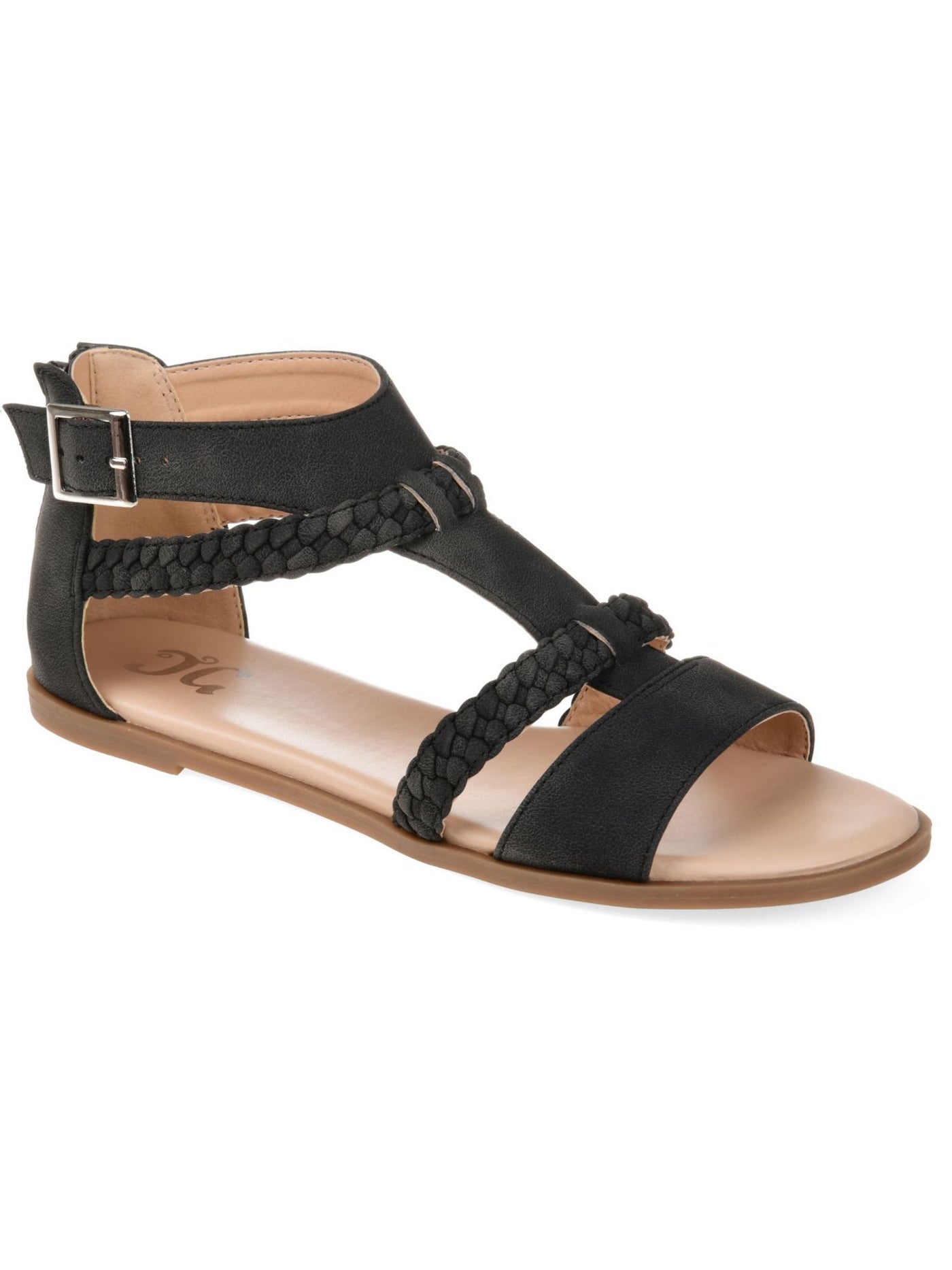 JOURNEE COLLECTION Womens Black Braided Straps Cushioned Buckle Accent Florence Open Toe Zip-Up Sandals Shoes 5.5