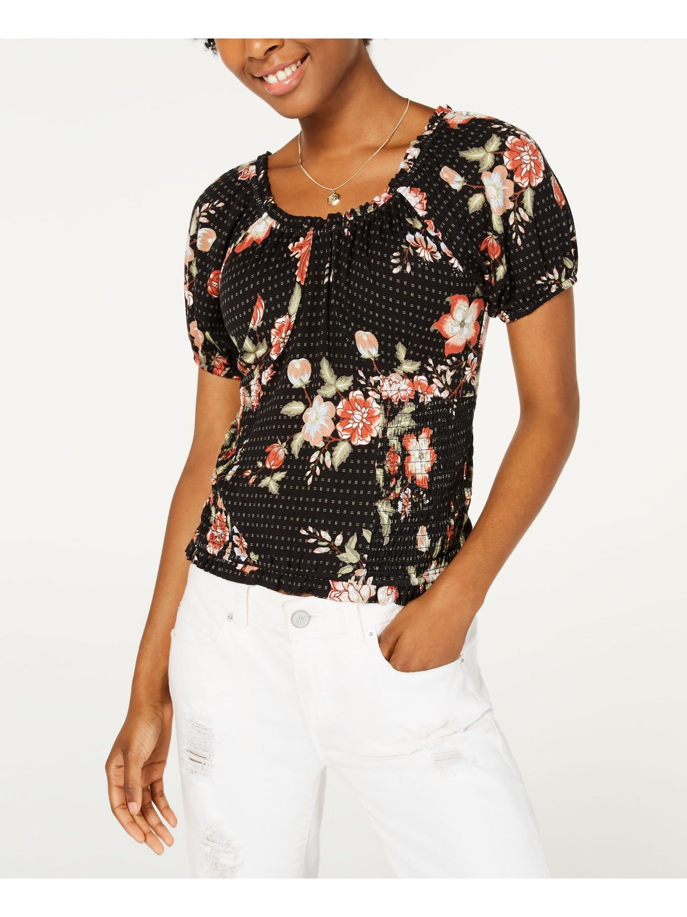 AMERICAN RAG Womens Black Floral Pouf Jewel Neck Evening Blouse XXS