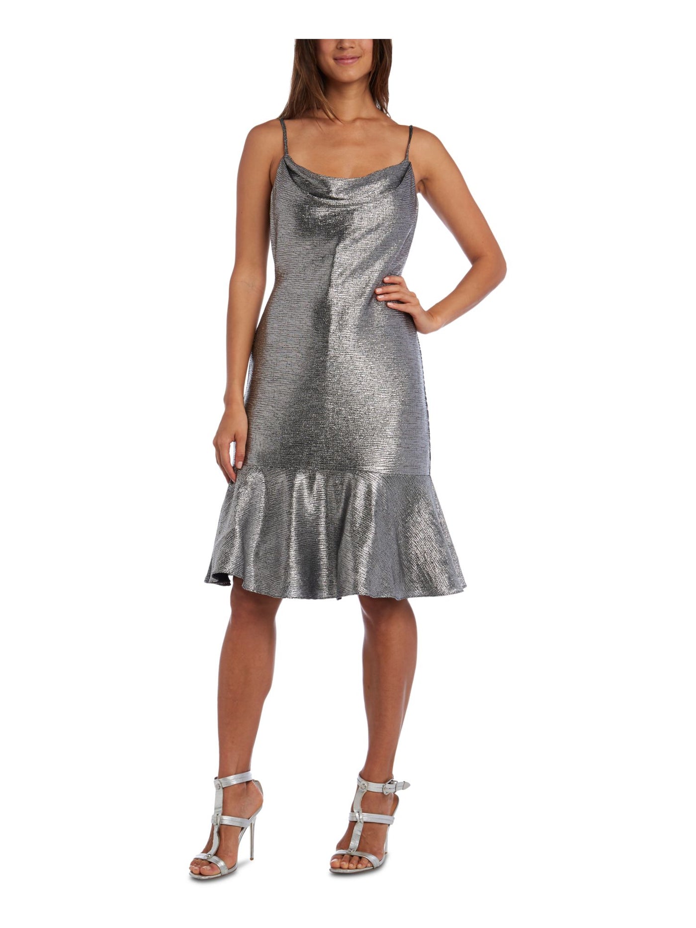 NIGHTWAY Womens Silver Spaghetti Strap V Neck Knee Length Party Shift Dress Petites 4P