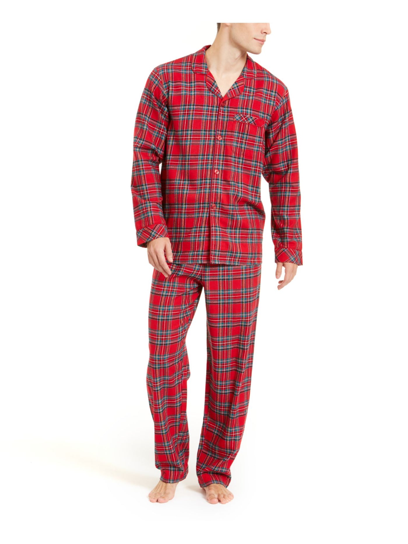 FAMILY PJs Mens Red Plaid Notched Collar Long Sleeve Button Up Top Straight leg Pants Flannel Pajamas S