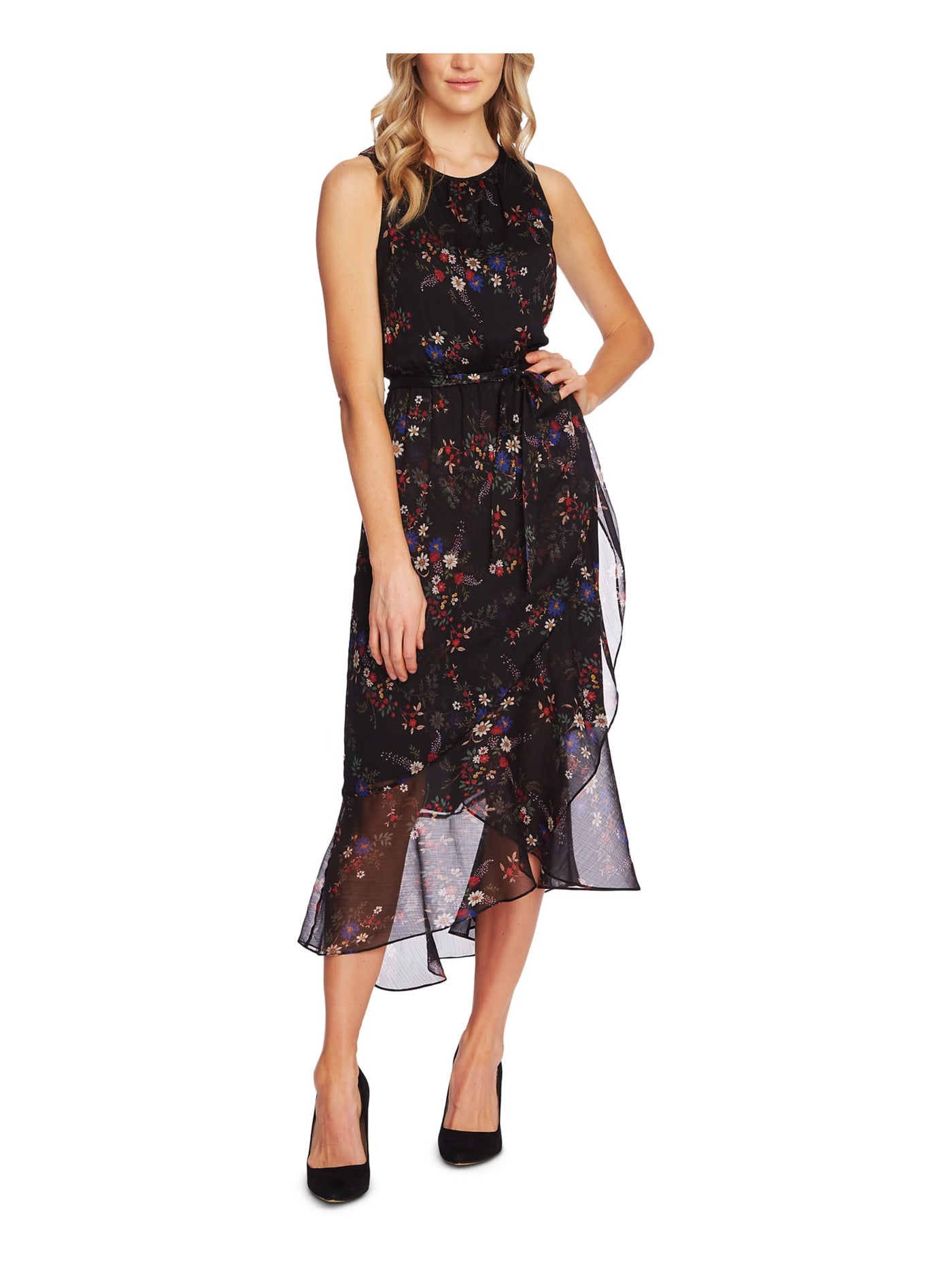 VINCE CAMUTO Womens Black Ruffled Sheer Floral Sleeveless Jewel Neck Midi Sheath Dress 6