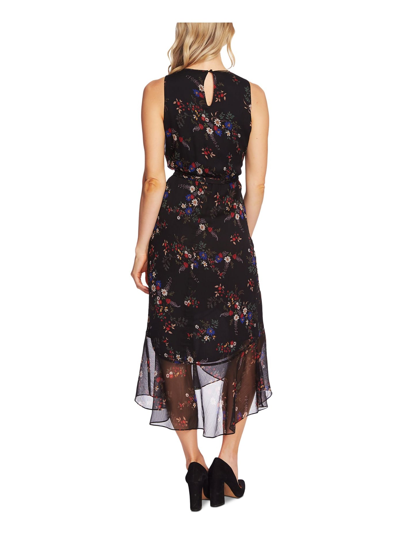 VINCE CAMUTO Womens Black Ruffled Sheer Floral Sleeveless Jewel Neck Midi Sheath Dress 6