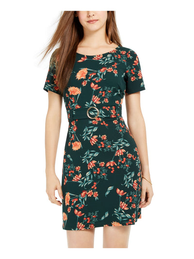 B DARLIN Womens Green Belted Keyhole-back Floral Short Sleeve Crew Neck Short Evening A-Line Dress 0