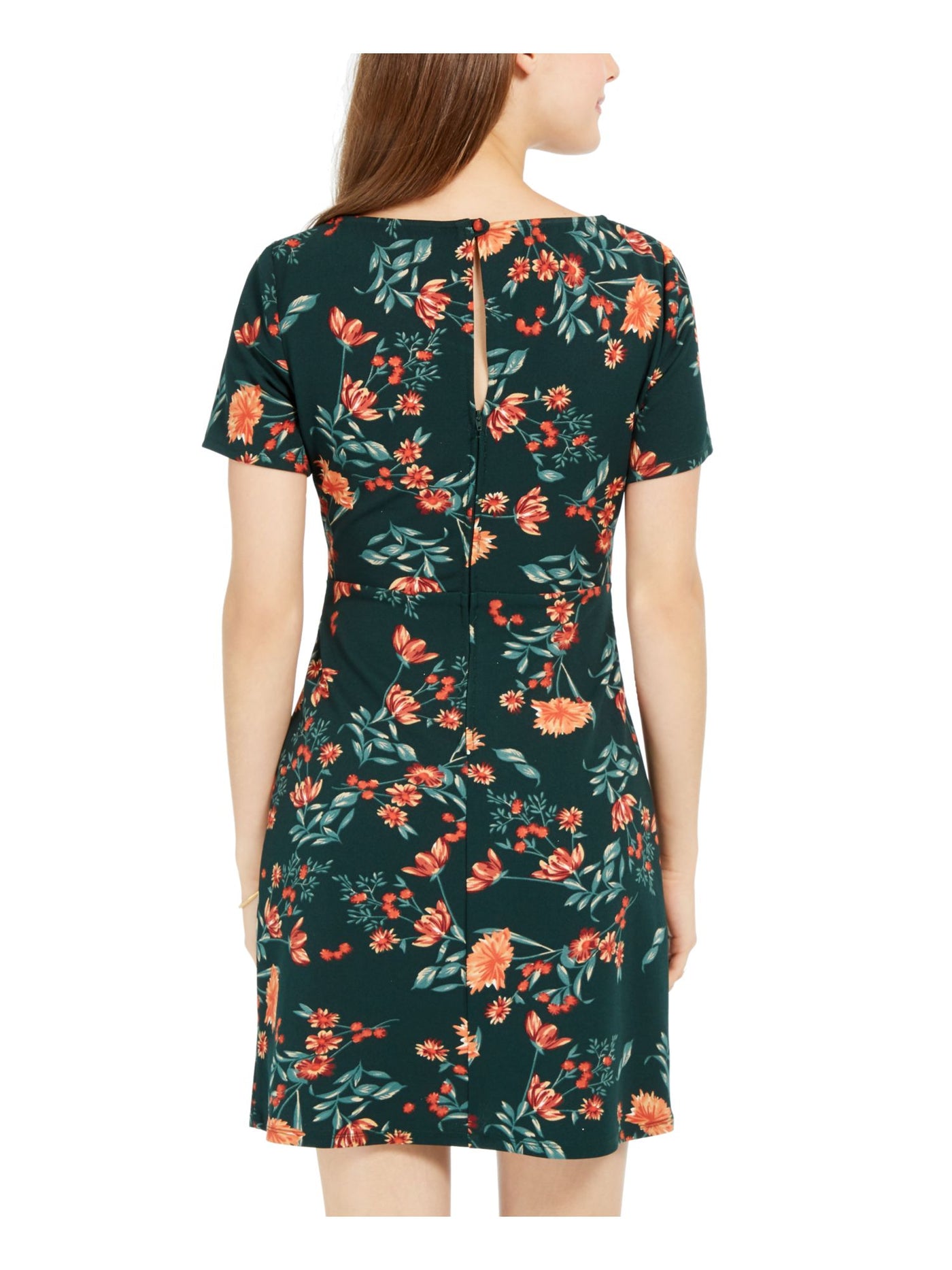 B DARLIN Womens Green Belted Keyhole-back Floral Short Sleeve Crew Neck Short Evening A-Line Dress 5\6