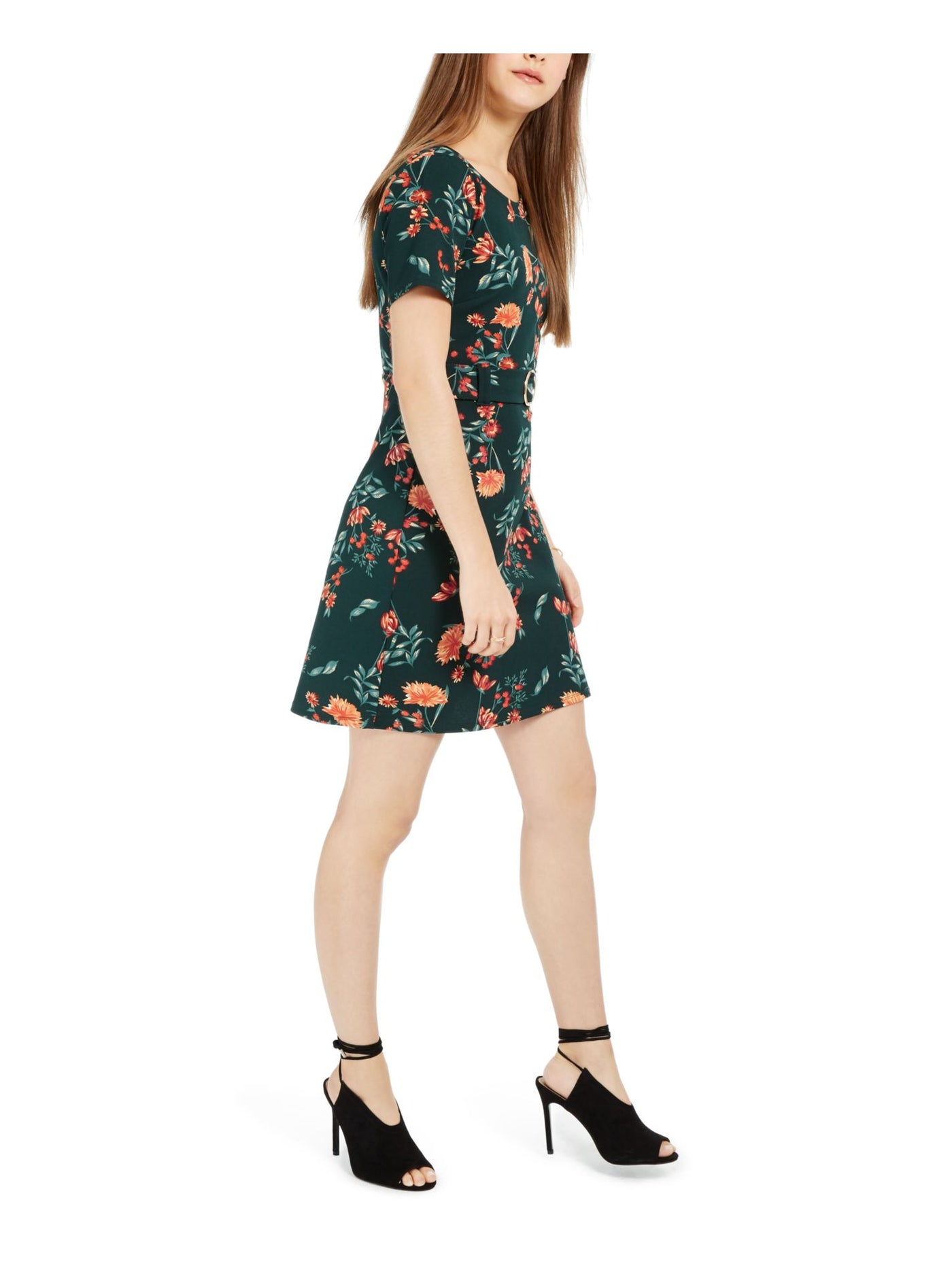 B DARLIN Womens Belted Keyhole-back Floral Short Sleeve Crew Neck Short Evening A-Line Dress