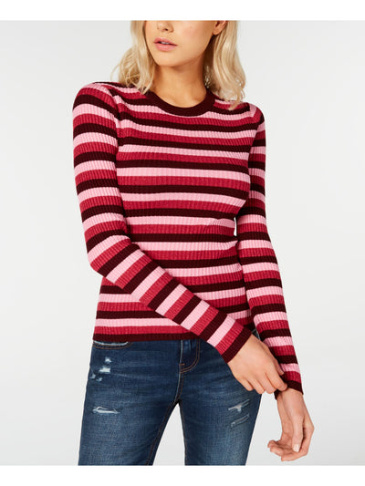 HOOKED UP Womens Pink Stretch Metallic Striped Long Sleeve Crew Neck Sweater S