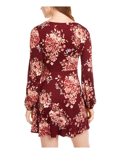 B DARLIN Womens Burgundy Floral Long Sleeve Square Neck Short Fit + Flare Dress 1\2