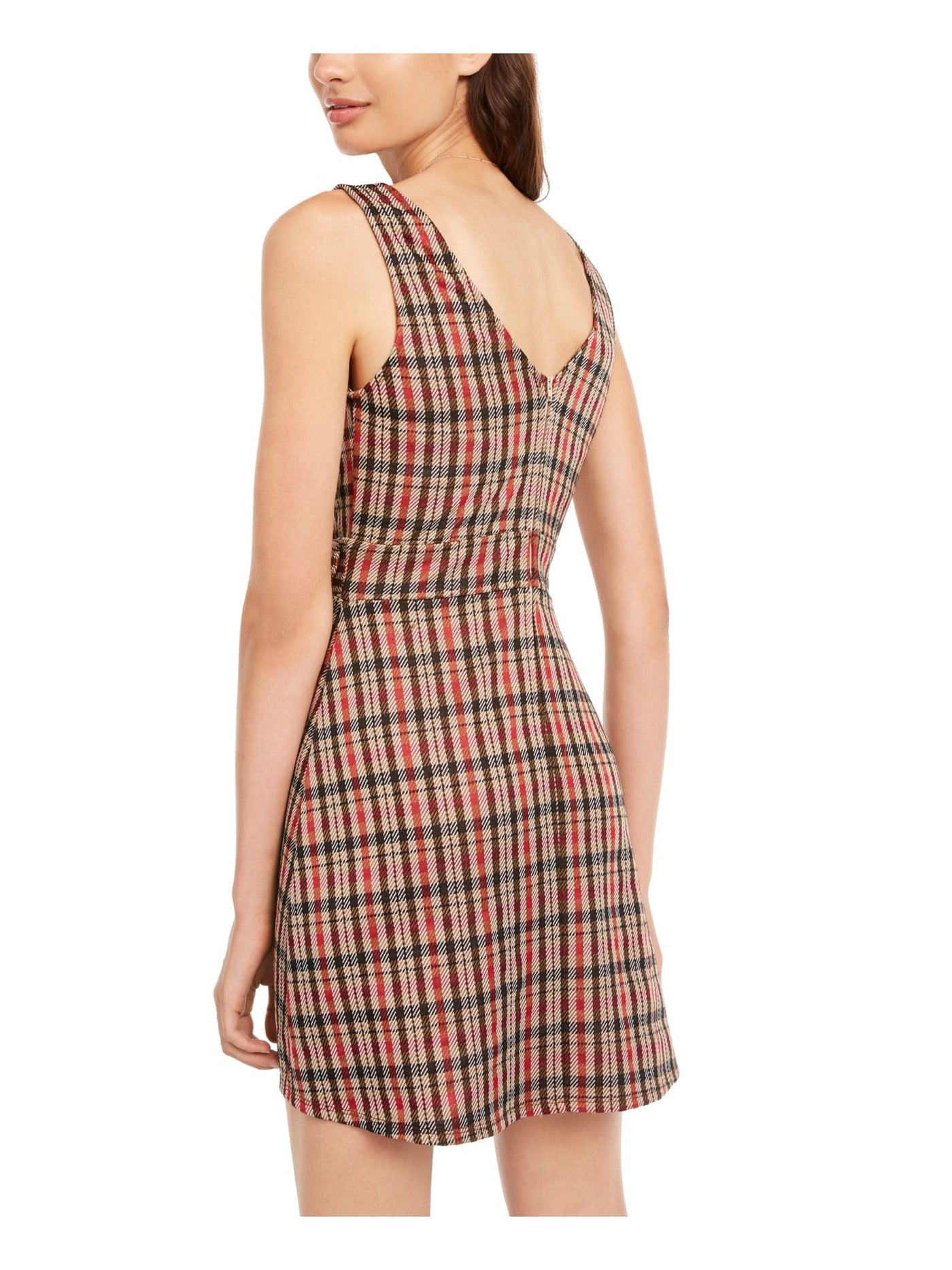 B DARLIN Womens Brown Belted Low Back Plaid Sleeveless V Neck Micro Mini Shift Dress Juniors 1\2