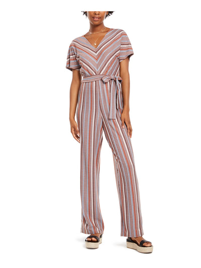 CRYSTAL DOLLS Womens Belted Short Sleeve V Neck Wide Leg Jumpsuit