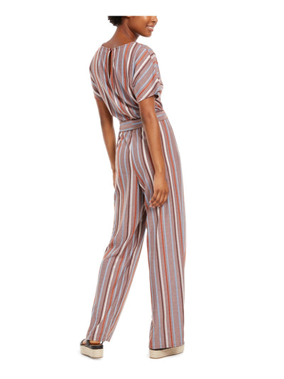 CRYSTAL DOLLS Womens Brown Belted Striped Short Sleeve V Neck Wide Leg Jumpsuit XXS