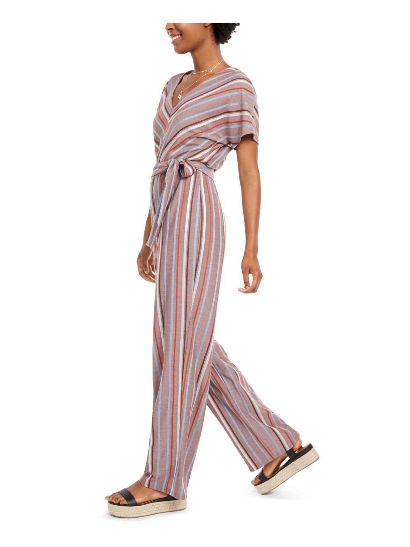 CRYSTAL DOLLS Womens Brown Belted Striped Short Sleeve V Neck Wide Leg Jumpsuit S